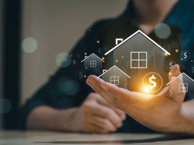 Real estate concept business, home insurance and real estate protection. Real estate investment concept. Buy and sell houses and real estate online on a virtual screen.